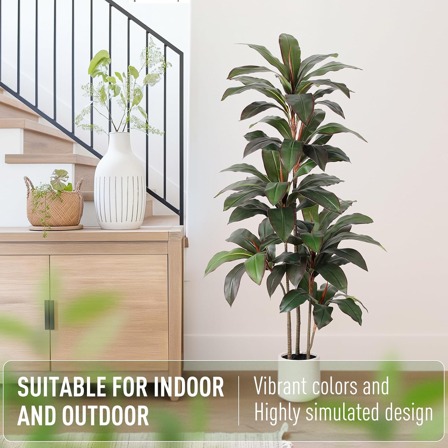 Artificial Dracaena Tree 5 FT, Fake Tree with White Planter, Faux Yucca Silk Floor Plants Indoor, Artificial Trees for Home Office Decor Indoor Outdoor Housewarming Gift