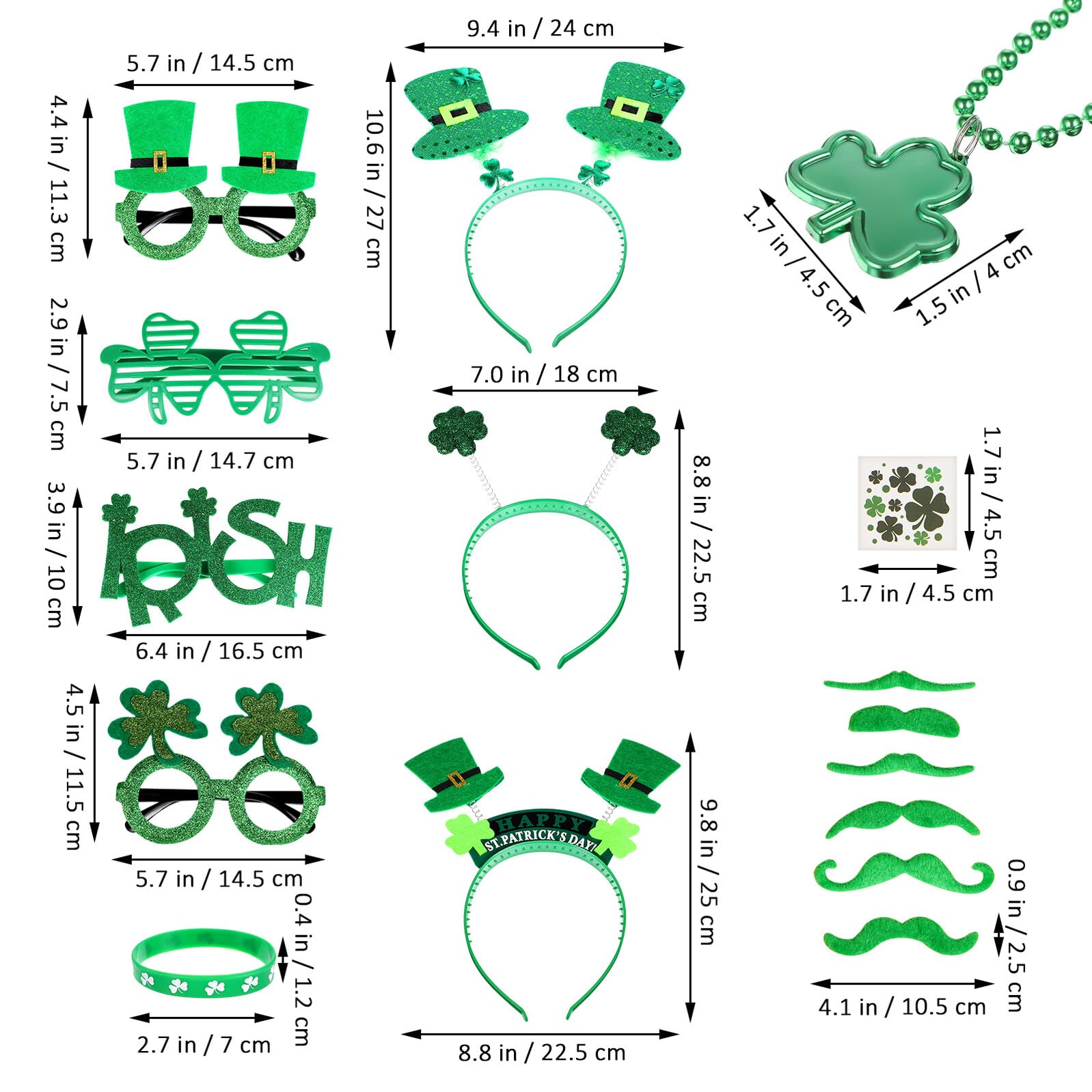 Set 91 Pezzi Oggetti di Scena per Feste di San Patrizio con Occhiali, Fasce per Chioma, Collane e Braccialetti Trifoglio, Adesivi Decorativi, Accessori per Travestimenti