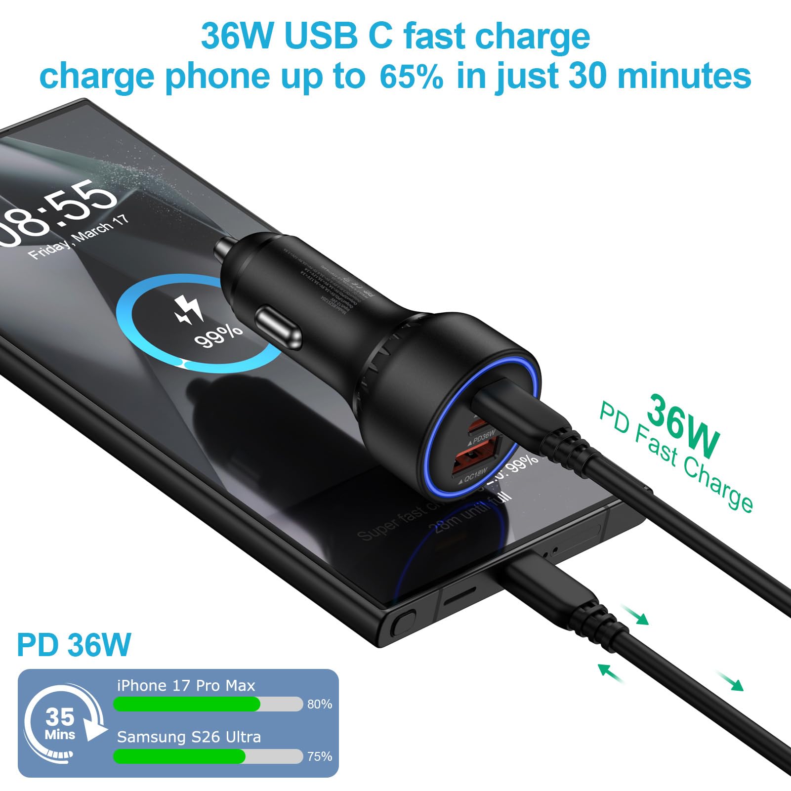 Adaptador de cargador de coche rápido de 3 puertos de 12 V, enchufe de vehículo - USB C y USB A de carga rápida - Cargador de coche para iPhone 17 Pro Max Air 17e 16e 16 15, Samsung S26