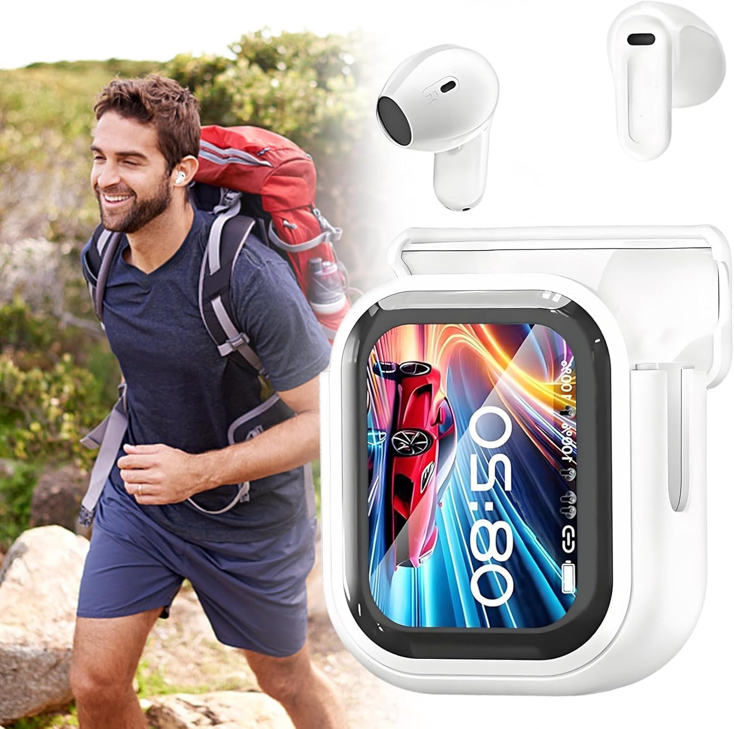 A man hiking outdoors wearing Lidary HTC Translator Earbuds, with the charging case and earbuds shown separately.