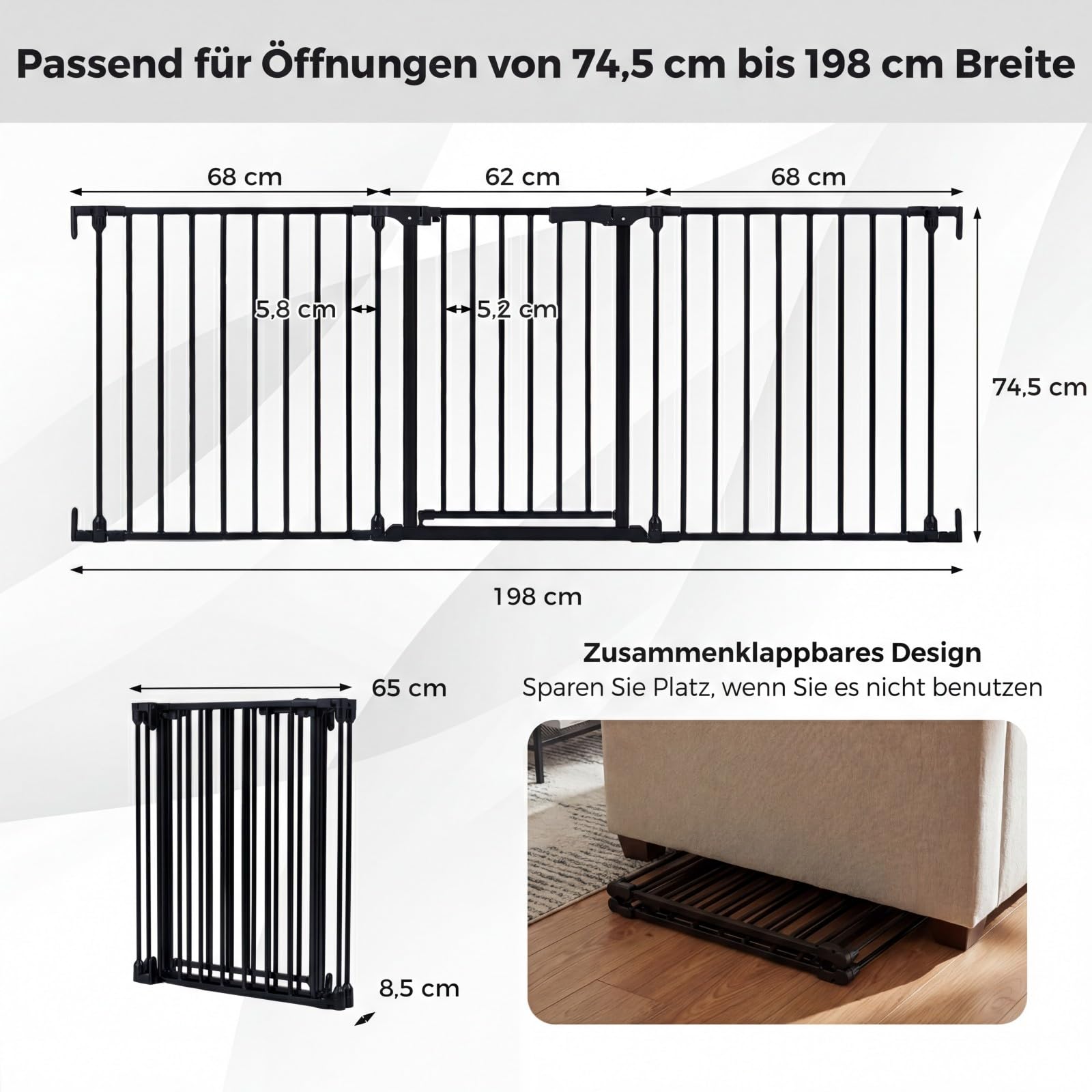 COSTWAY Treppenschutzgitter, 3-teilige Türschutzgitter 74,5–198 cm, Türgitter 270°drehbar aus Metall, Babygitter 180°Zweiwegeöffnung, Hundegitter für Kinder Sicherung & Haustier (Schwarz)