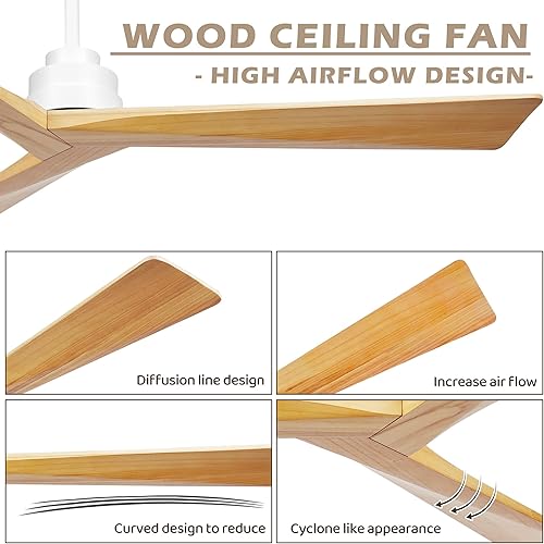 Miniatura 7 de KAPOEFAN Ventilador de techo de 60 pulgadas sin luz, ventilador de techo de madera sin luz con control remoto, ahorro de energía silencioso con 6