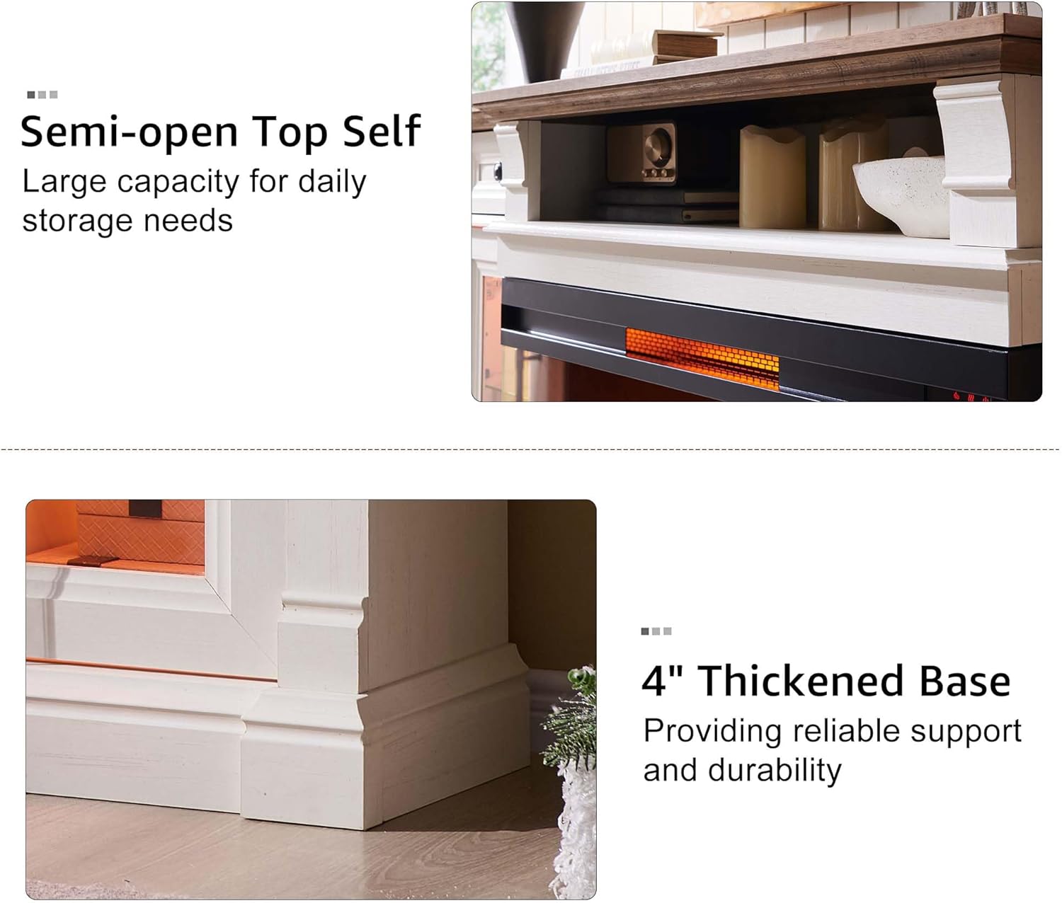 Close-up of the semi-open top shelf and the thickened base of the TV stand.