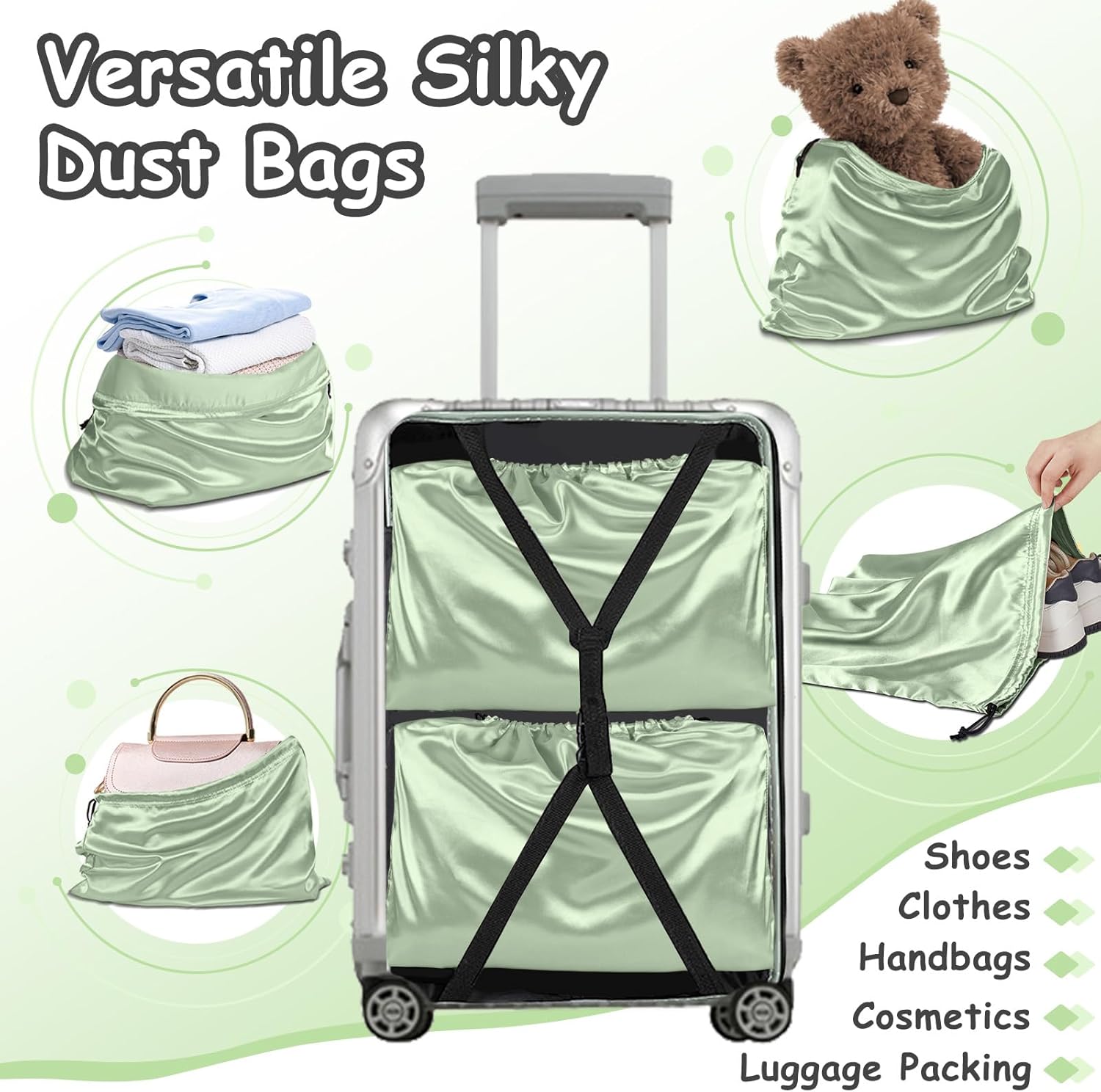 RUDONG M 8 Pack Satin Dust Bags for Handbag, Silky Dust Cover Bags with Drawstring, Sage Green Purse Dustbags for Storage, Travel Pouch Clothes Shoes - Image 6