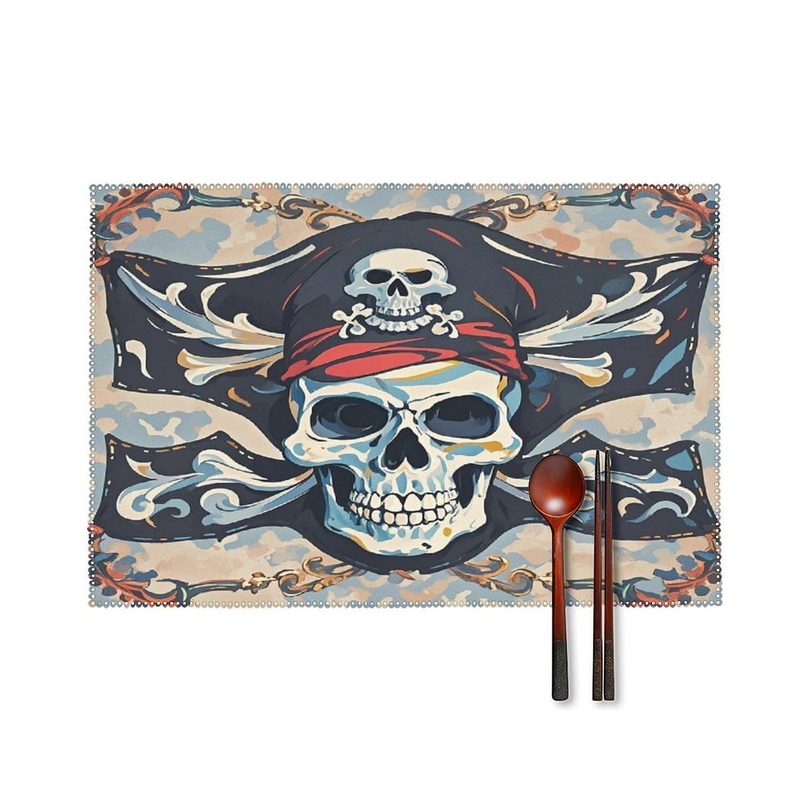Pirate Flag Skull Placemats Set of 6 Heat Resistant Non-Slip Table Mats Washable Indoor Outdoor Place Mats Rustic Vintage Seasonal Placemat for Kitchen Dining Outdoor Party Table Decor