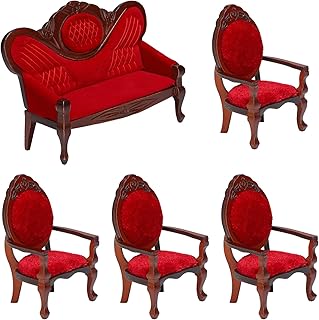5 Pcs 1:12 Miniature Dollhouse Furniture, Include Vintage Red Wooden Carved Sofa Couch 4 Pcs Wooden Carved Single Sofa Chairs Retro Red Armchairs for Living Room Bedroom Kitchen Birthday Decoration