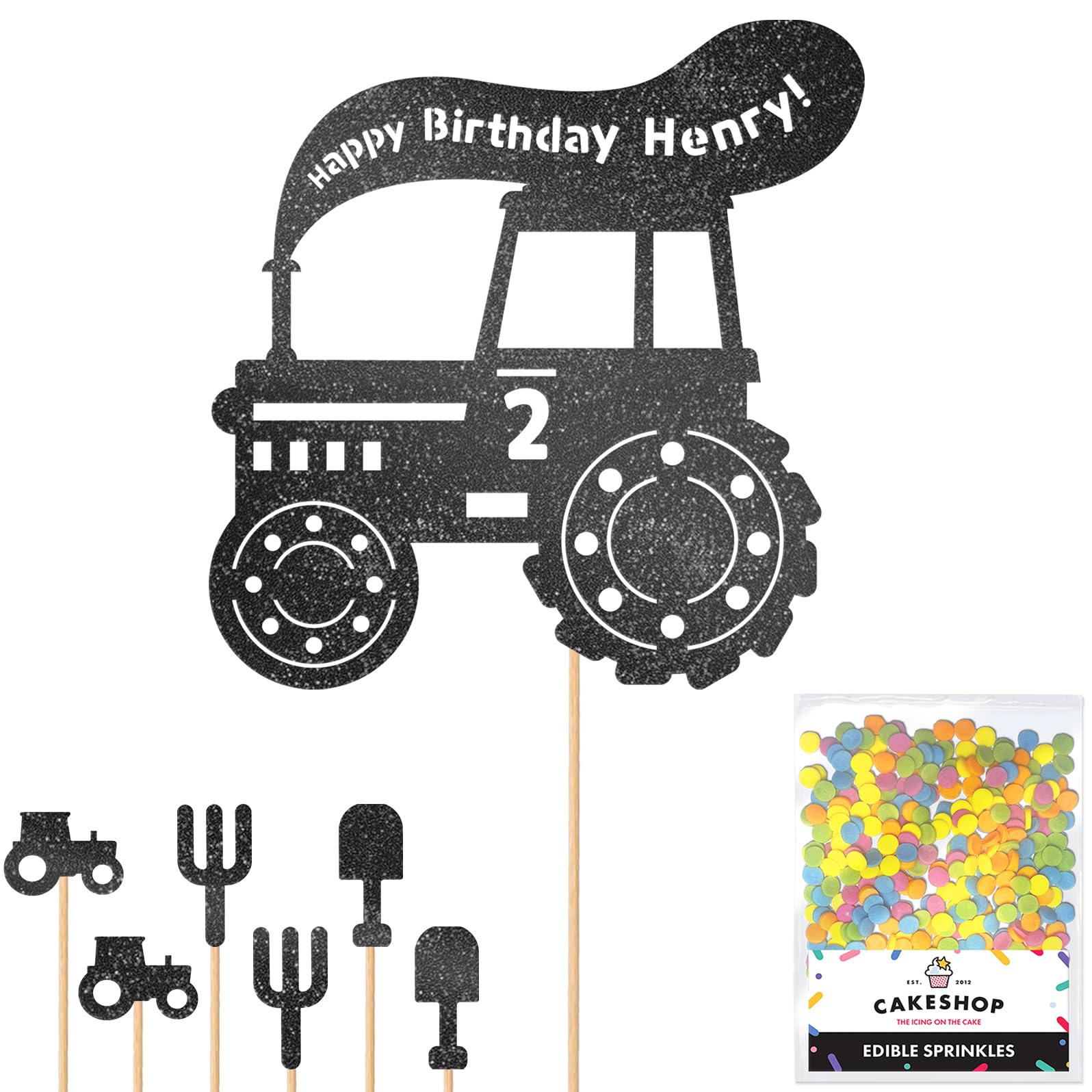 Personalised Farm Tractor Glitter Cake Topper- Black Any Custom Age & Name Glitter Cake Decoration and Sprinkles - Happy Birthday Decorations - Personalised Toppers for Cakes by Cakeshop — image 1