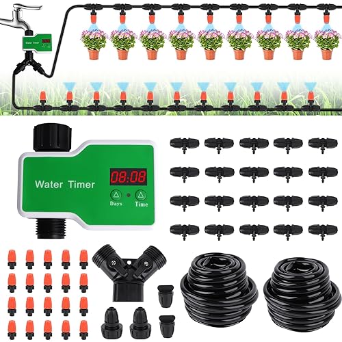 Kit de riego por goteo, sistema de riego automático de 65.6 pies65.6 ft con temporizador de aspersor que ahorra agua sistema de riego de jardín con