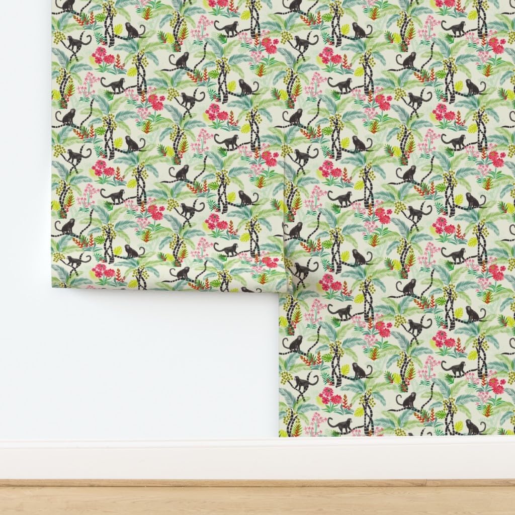Peel & Stick Wallpaper 3ft x 2ft - Tropical Monkeys Floral Trees Animals Monkey Summer Custom Removable Wallpaper by Spoonflower