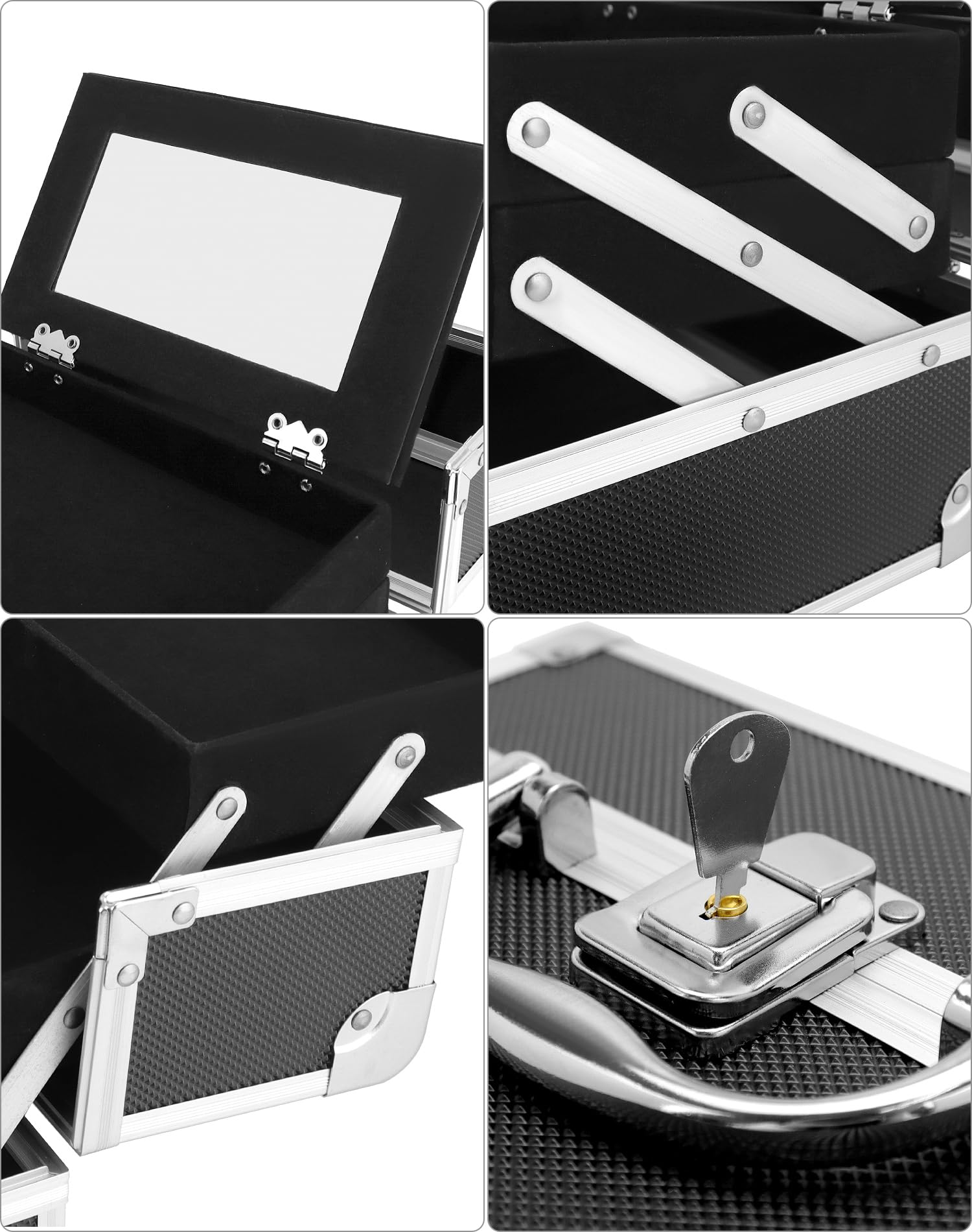 QWORK® Maletín de Maquillaje Portátil con Espejo, Estuche de Maquillaje Negro, Estuche de Cosméticos de Aluminio, Maleta para Uñas