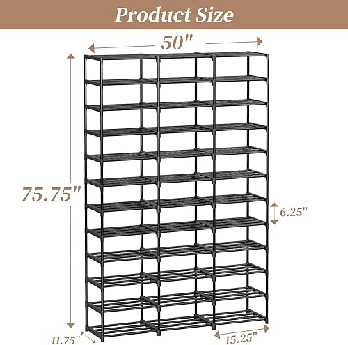 Miniatura 3 de Zapatero de gran capacidad, 72 pares de estantes altos, 3 filas y 12 niveles, organizador de zapatos de metal resistente para entrada, armario,