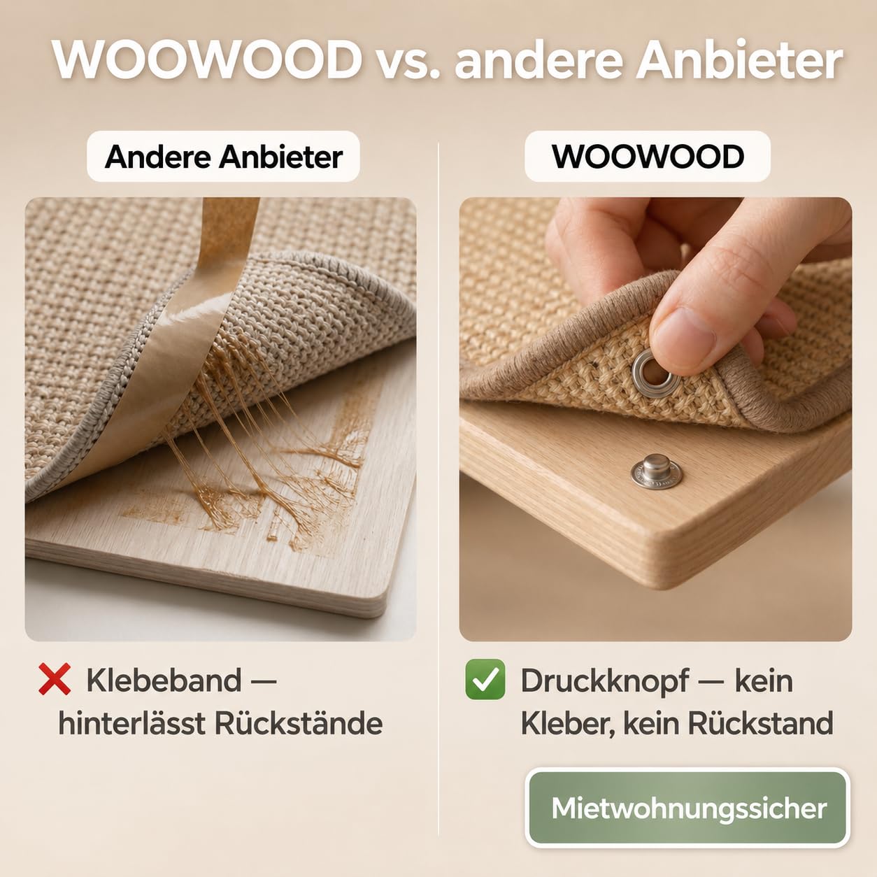 WOOWOOD Rascador para gatos de sisal, 68 cm, madera maciza, suelo o pared | Esterilla resistente para rascar, madera maciza, alternativa, para viviendas de alquiler, cuidado natural de las garras