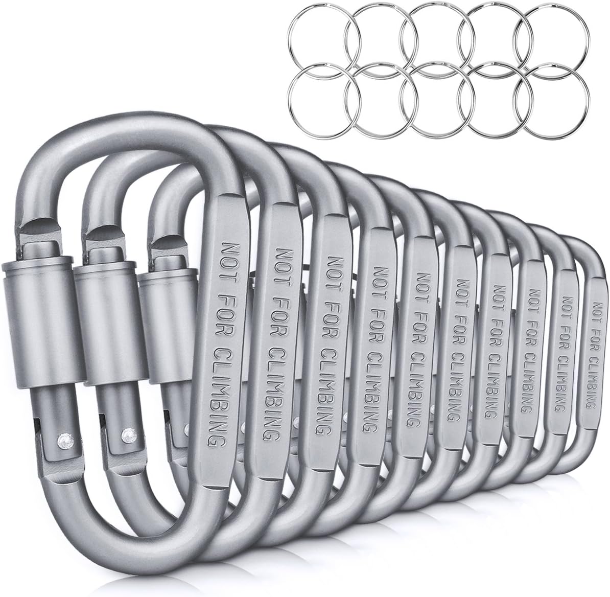 KAMOTA 10PCS Aluminum D Ring Locking Carabiner with 10PCS Key Ring, Premium Durable D Ring Carabiner Clip for Home Camping Fishing Hiking Traveling and Keychain