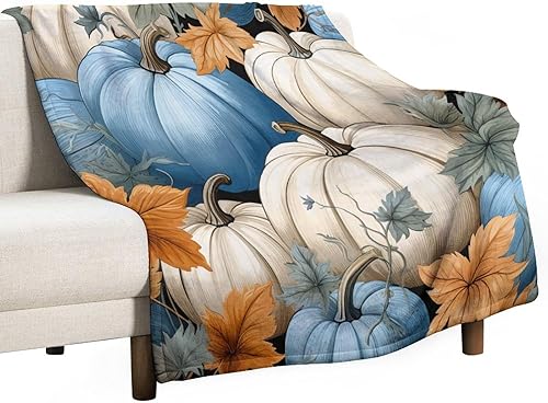 Manta suave de franela de acuarela de calabaza azul y gris, para otoño, otoño, Halloween, 50 x 60 pulgadas, decoración del hogar para cama, sofá,