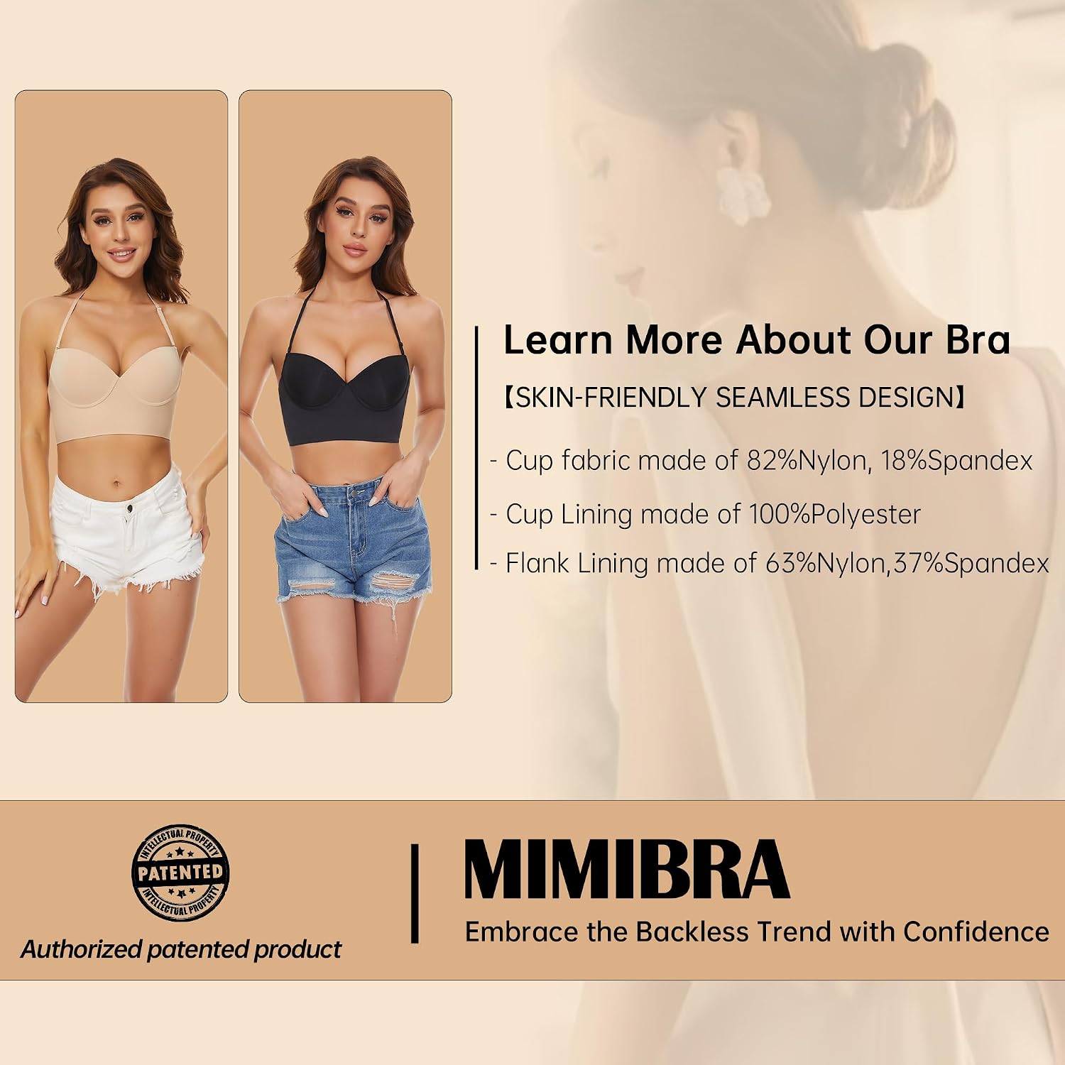 Low Back Bras for Women-Seamless Invisible Backless Bra-Lightly Lined Demi No Show Multiway Bra Low Cut Halter Bra