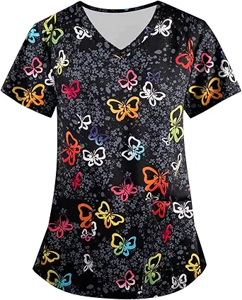OIOLOYJM Printed Scrub Tops Women V Neck Short Sleeve Plus Size Scrubs for Womens Nursing Uniforms Shirts with Pockets