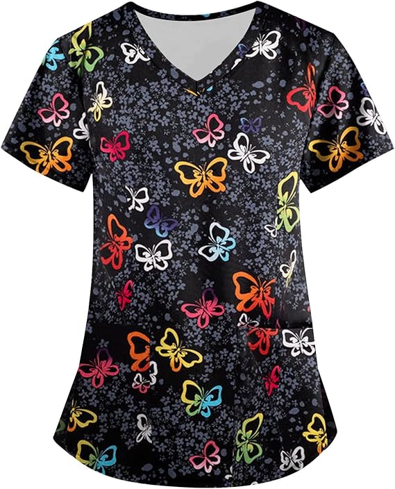 OIOLOYJM Printed Scrub Tops Women V Neck Short Sleeve Plus Size Scrubs for Womens Nursing Uniforms Shirts with Pockets