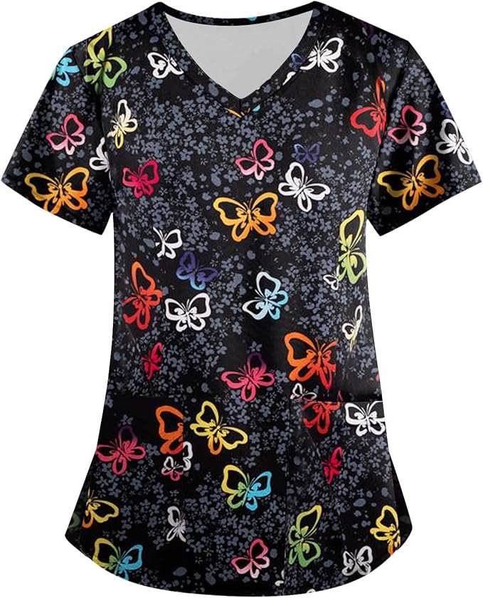 OIOLOYJM Printed Scrub Tops Women V Neck Short Sleeve Plus Size Scrubs for Womens Nursing Uniforms Shirts with Pockets