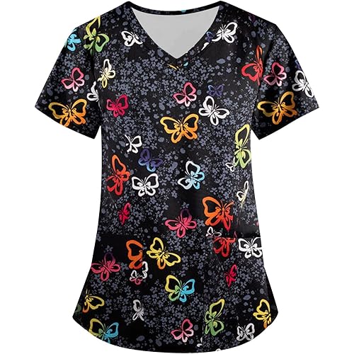 HXHYQKP Womens Plus Size Scrub Tops 2024 Print Nurse Uniforms for Women Short Sleeve V-Neck Shirts Tops with Pockets