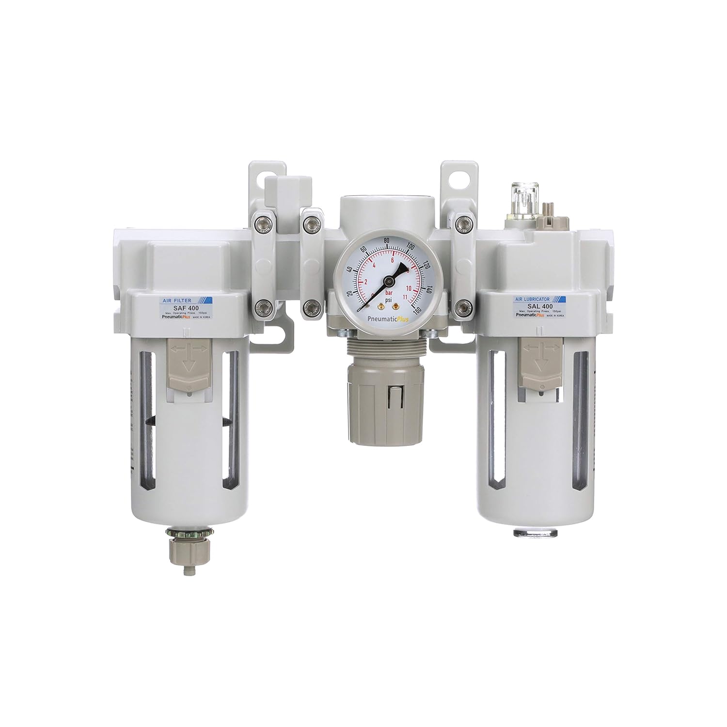 PneumaticPlus SAU400A-N04G - Dual Air System 1/2" NPT - Compressed Air Filter, Pressure Regulator & Lubricator w/Additional Free Air Port 3/8" NPT - Manual Drain, Poly Bowl