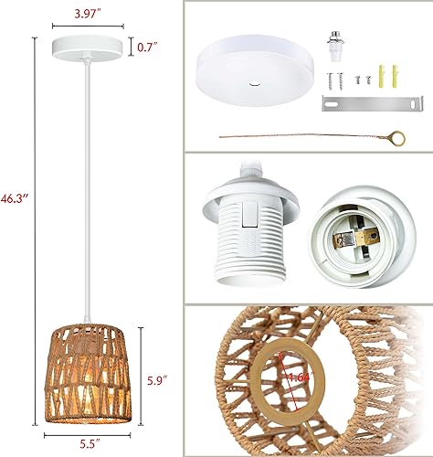 Miniatura 4 de Paquete de 3 lámparas colgantes tejidascuerda natural tejida a mano para pantalla de granja, lámpara colgante para vestíbulos, entrada, cocinas,