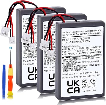 3 Pack LIP1522 KCR1410 Replacement Battery Compatible with Sony PlayStation 4 PS4 Slim Pro Dualshock 4 CUH-ZCT1E CUH-ZCT1H CUH-ZCT1U CUH-ZCT2 CUH-ZCT2U Controller 2000mAh