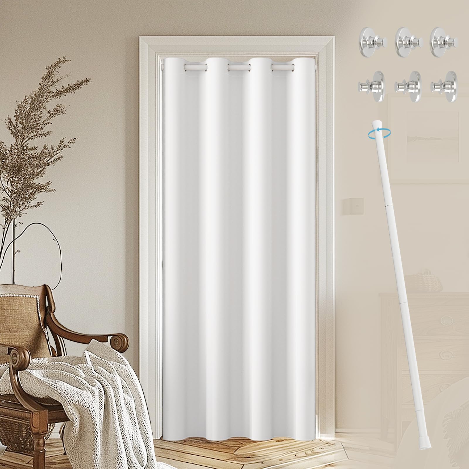 JCyh Cortinas para Puertas Exteriores con Barra Extensible y Botón Magnético, Cortina Opacas Termica Aislante Frio y Calor con Ojales，Cortina Separador de Ambientes para Salón y Dormitorio,Blanco