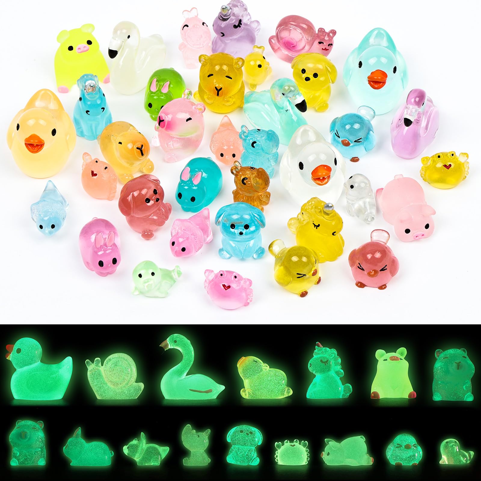 Bzzerumy Set di 35 mini statuette in resina, animali luminosi in miniatura per acquario, decorazioni da giardino, decorazioni fai da te, diversi disegni
