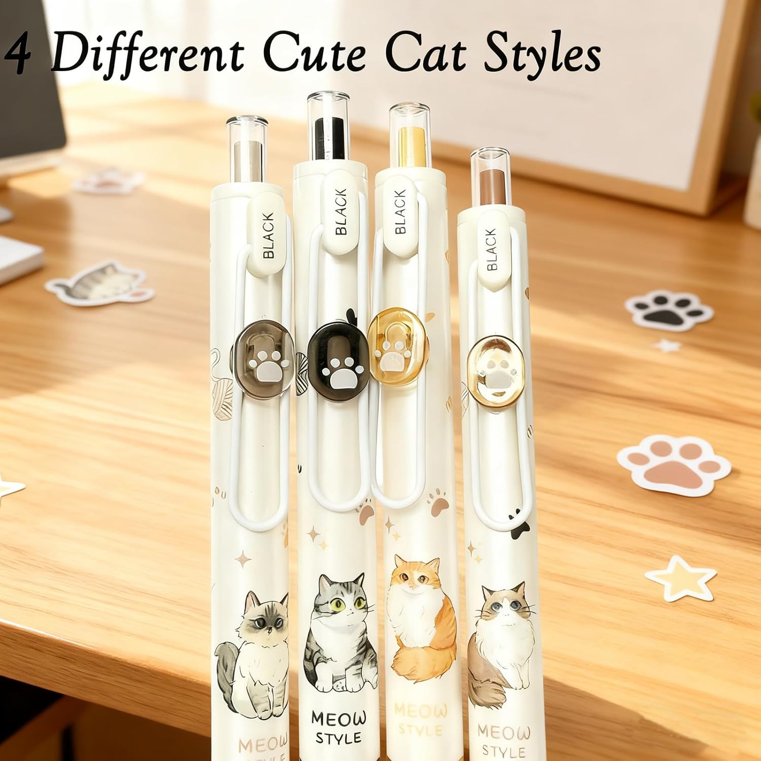 Cute Cat Pens Set Premium 0.5mm, Retractable Kawaii Cat Kitty Pen with Paw Print Clip, Smooth Writing, Black Ink, for Cat Lovers, School Office Stationery, Set of 8 Pcs, Cat - Image 4