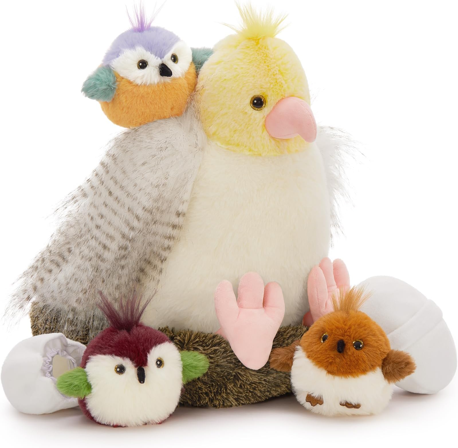 Muiteiur 7 Piece Bird Stuffed Animals, 14 in Parrot Plush Set with Nest, Cute Plush Bird Nest for Kids,Girls,Boys