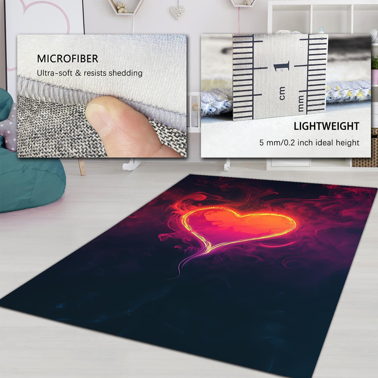 Tappeto lavabile per area cuore 140x180cm Tappeto morbido da interno al neon con stampa di cuori luminosi per ingresso cucina Nursery romantico ama il pelo basso
