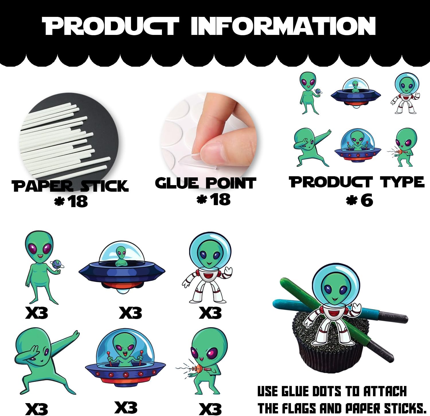 18pcs Green Glitter Alien Dessert Cupcake Topper Space Invaders Theme Decor Supplies Baby Shower Boys Girls Happy Birthday Party Decorations