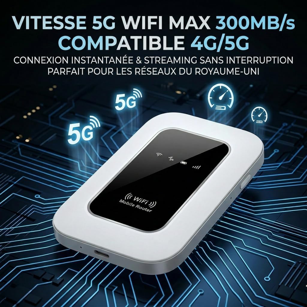 Routeur 5G Portable WiFi 6 Débloqué Carte SIM, 300Mbps, Toute l'europe | Slot SIM débloqué,Haut débit 5G/4G+,Toute l'Europe,28 appareils,WPA3 sécurisé,2100mAh,12h autonomie,voyages et télétravail