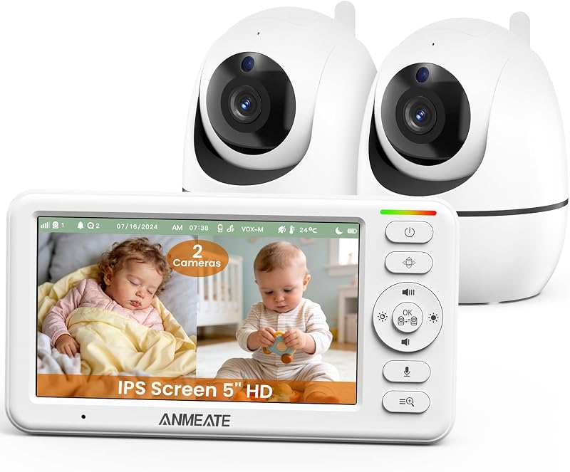 Monitor para bebés con pantalla dividida de 5" con 2 cámaras | FHSS seguro sin WiFi, PTZ remoto, alcance de 1000 pies, batería de 30 horas, visión nocturna automática, temperatura ambiente, intercomunicador de audio bidireccional