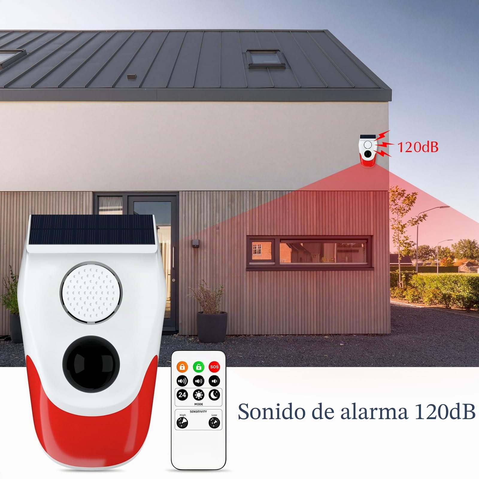 Sistemas de Seguridad para el hogar, Alarma Solar con Sensor de Movimiento con monitoreo Remoto, Alarma de casa Exterior Resistente a la Intemperie, 120 dB, 24 Horas, 3 Modos, 2 Piezas
