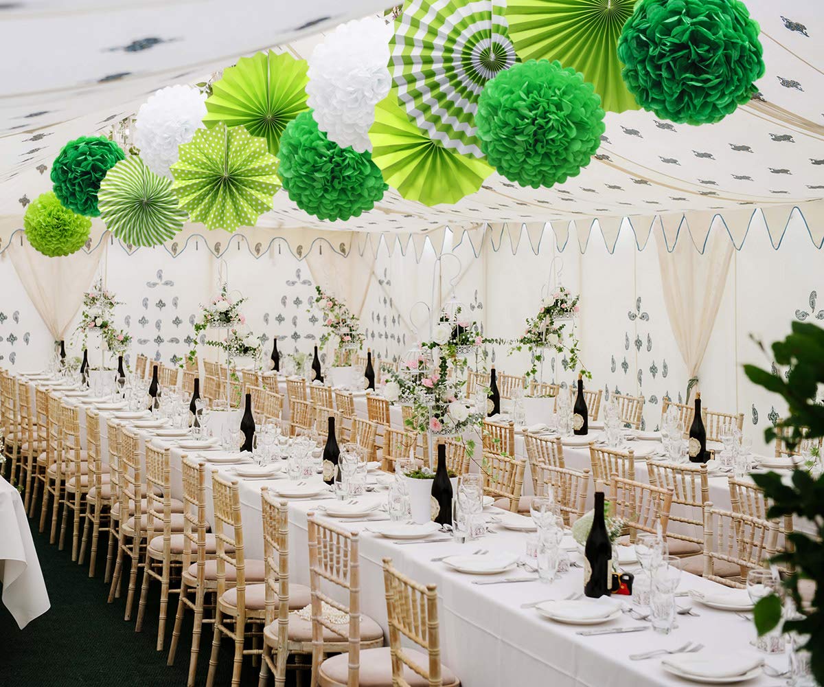 Grüne hängende Papier-Party-Dekorationen, runde Papierfächer, Pompons, Blumen-Set für Geburtstag, Hochzeit, Abschlussfeier, Babyparty, Events, Zubehör