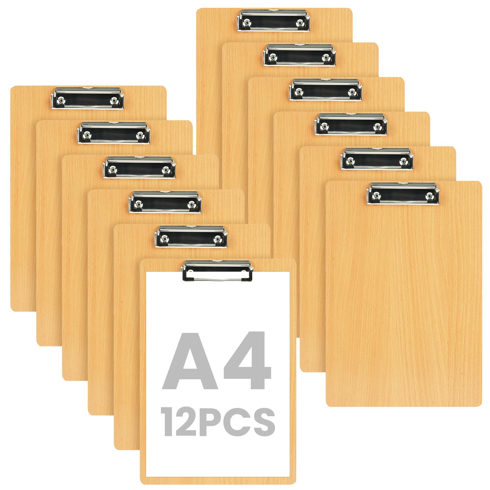 OFFCUP Wooden Clipboard, 12 Pack A4 Wood Hardboard with Black Metal Clip and Concealed Hanging Hole, Durable Artist Sketch Board Drawing Clipboard, A4 Clip Board Paper Board for School Office Business