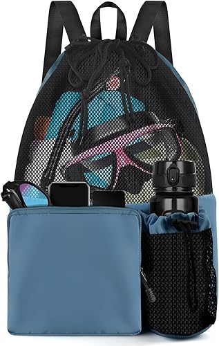 BROTOU Bolsa de natación de malla con cordón, mochila de deportes acuáticos con bolsillo húmedoseco, mochila de playa para natación, surf, viajes