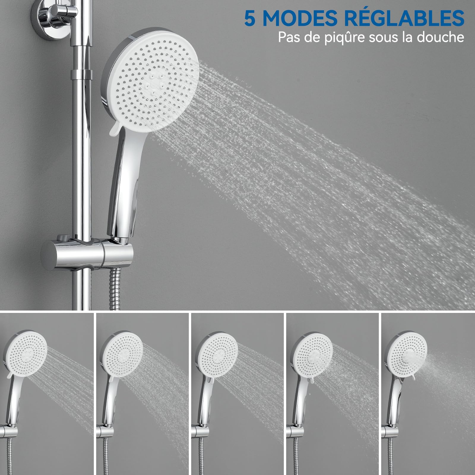 Auralum Colonne de Douche avec Mitigeur Thermostatique, Douche Pluie en Acier Inoxydable 30 x 30 cm, Douchette à 5 Modes, Barre de Douche Extensible (Chromé)