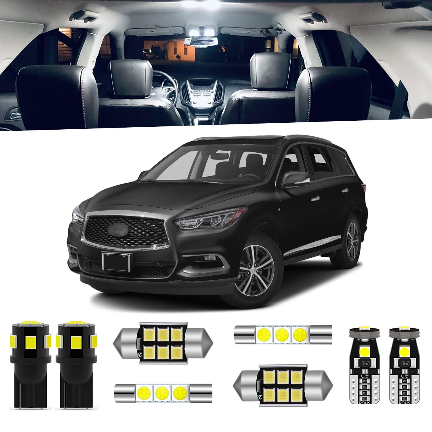 14-Pieces QX60 LED Interior Light Kit Compatible with Infiniti QX60 2014 2015 2016 2017 2018 2019 2020 2021 2022 White 6000K Interior LED Lighting Package + License Plate Lights, Install Tool