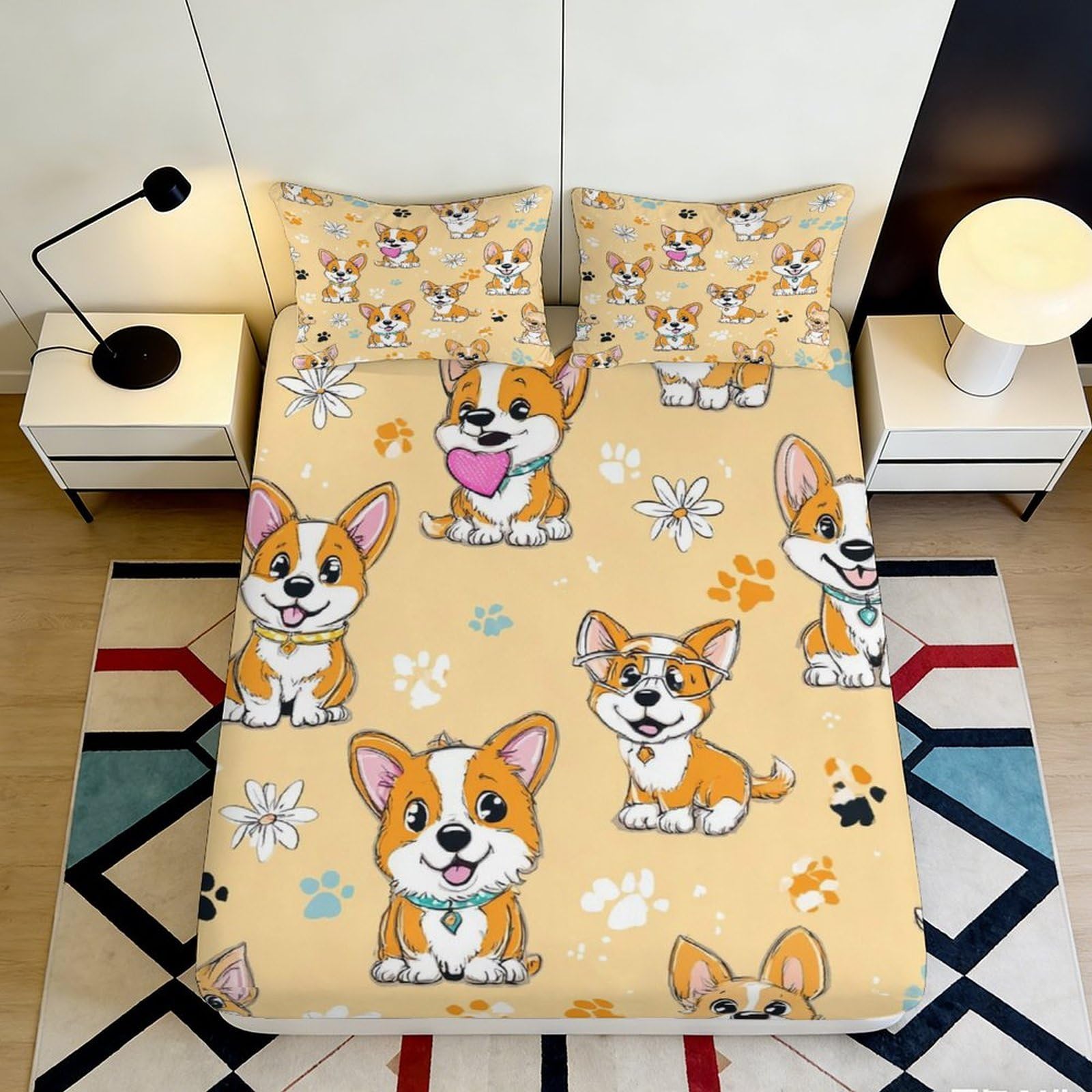 Jqzkxnhpbr Style-6 3D Printed Cartoon Corgi Fitted Sheet Microfiber Soft Anti-Slip Dog Pattern Mattress Cover For Bedroom Decor 90X200x25cm