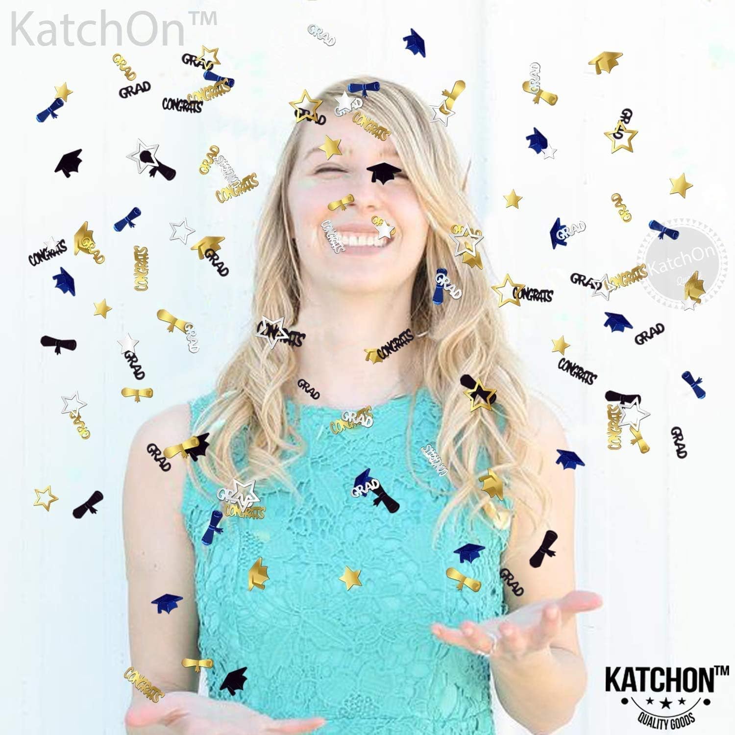 KatchOn, Congrats Grad Graduation Confetti 2024 - Pack of 2000 | Black and Gold Graduation Confetti 2024 | Navy Blue and Gold Graduation Decorations 2024 | Navy Blue 2024 Graduation Table Decorations