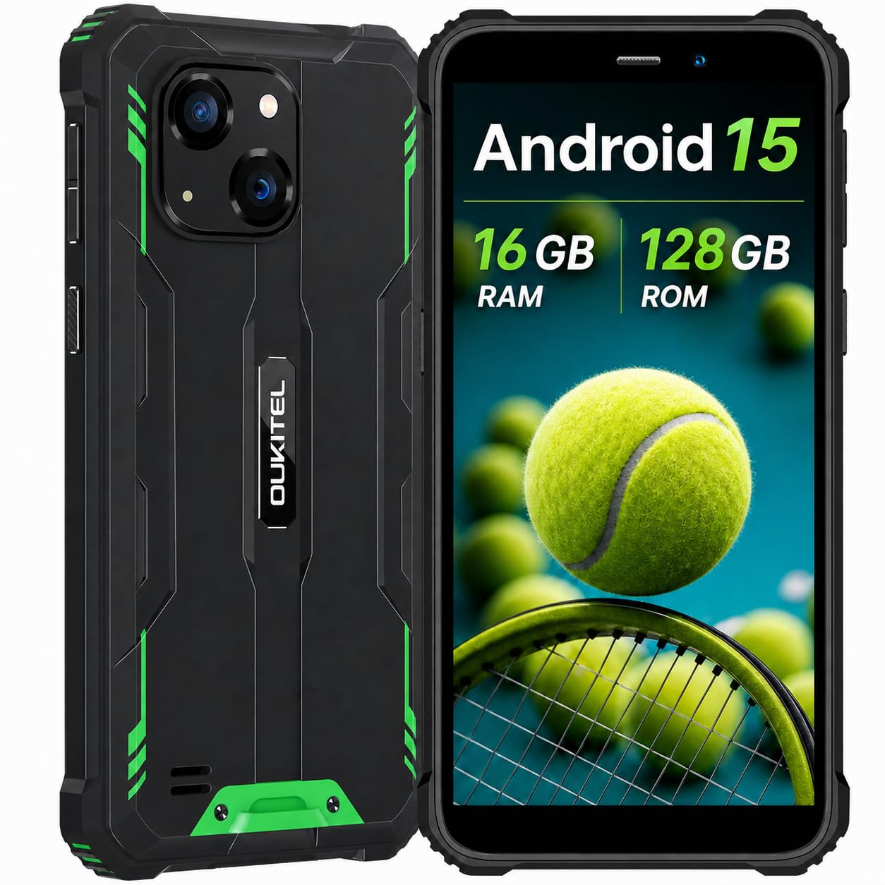 WP32 Outdoor Smartphone ohne Vertrag, Android 15 Outdoor Handy, 16GB RAM + 128GB Speicher, 6300mAh Akku, 6,0 Zoll, 20MP + 5MP Kamera, Dual-SIM, IP68, NFC, OTG, GPS, Grün
