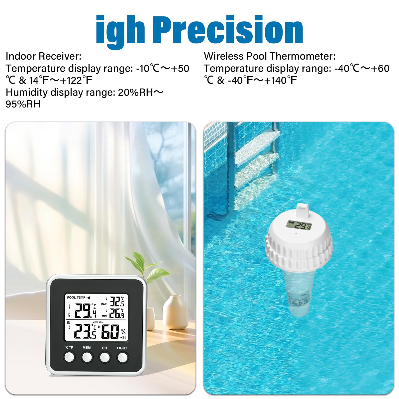 Aideepen Termometro radio per piscina, termometro digitale con sensore di galleggiamento, commutazione °F/℃ per uso in piscine, vasche da bagno, stagni e spa