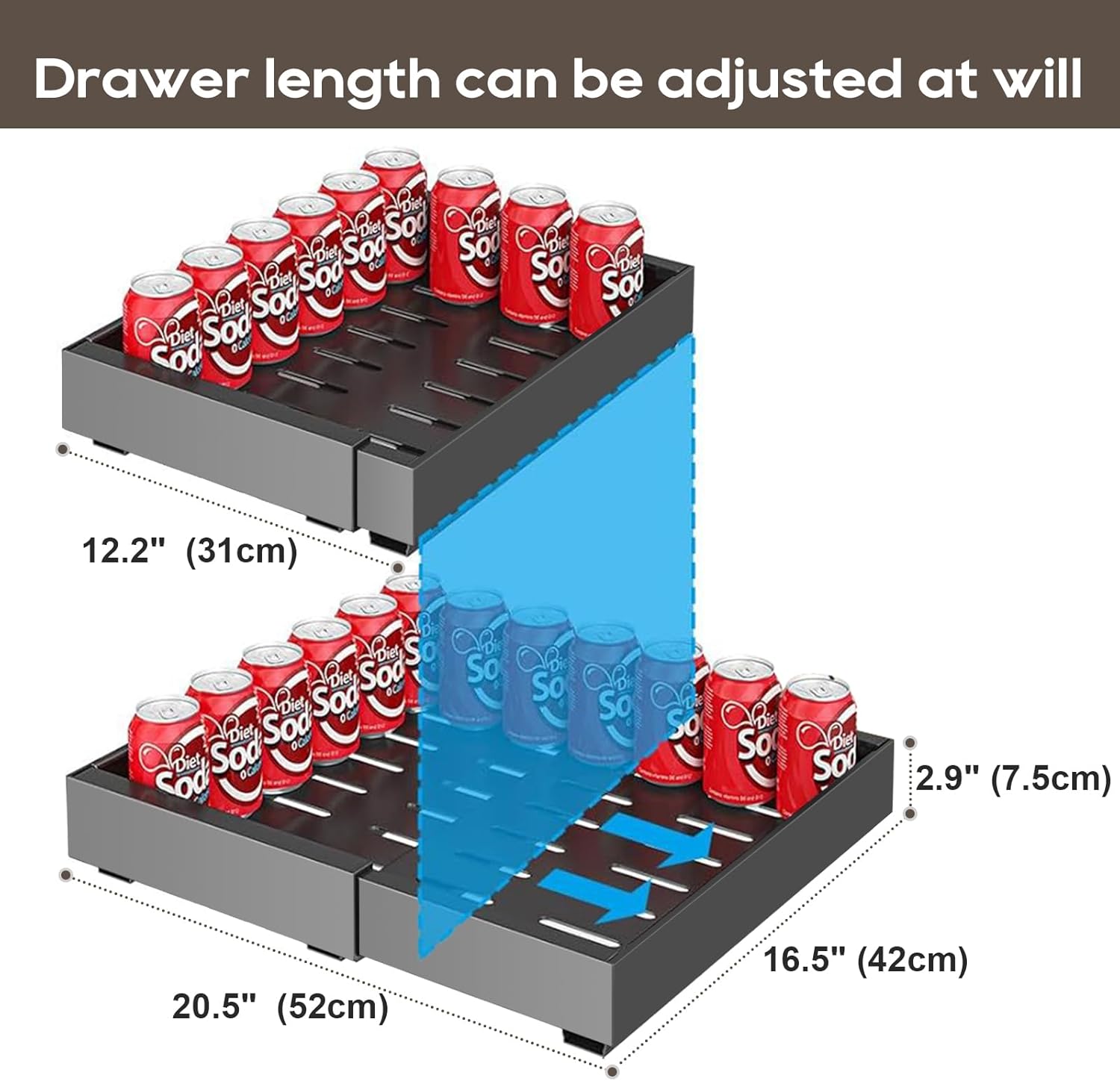 Expandable Pull Out Cabinet Organizer 16.5" Deep, 3 Rails Slide Out Drawer for Kitchen Cabinet, Adjustable No Drill Roll Out Shelf Adhesive with Nano Film 12.2"-20.5" W Black 1 Pack
