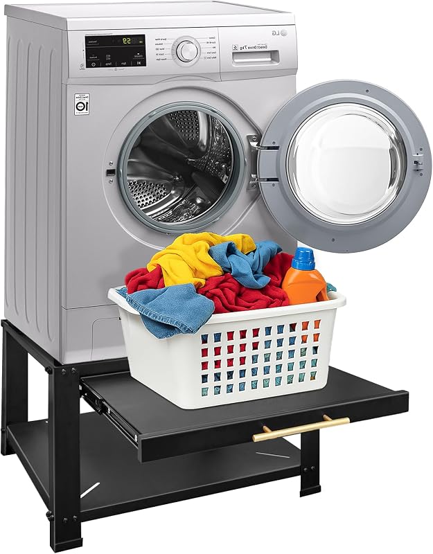Pedestales para lavadora y secadora con cajón, 29" W x 29" D x 19.5" H Pedestal de metal resistente para lavandería, soporte universal para lavadora para estante de cesta, capacidad de 850 libras, negro