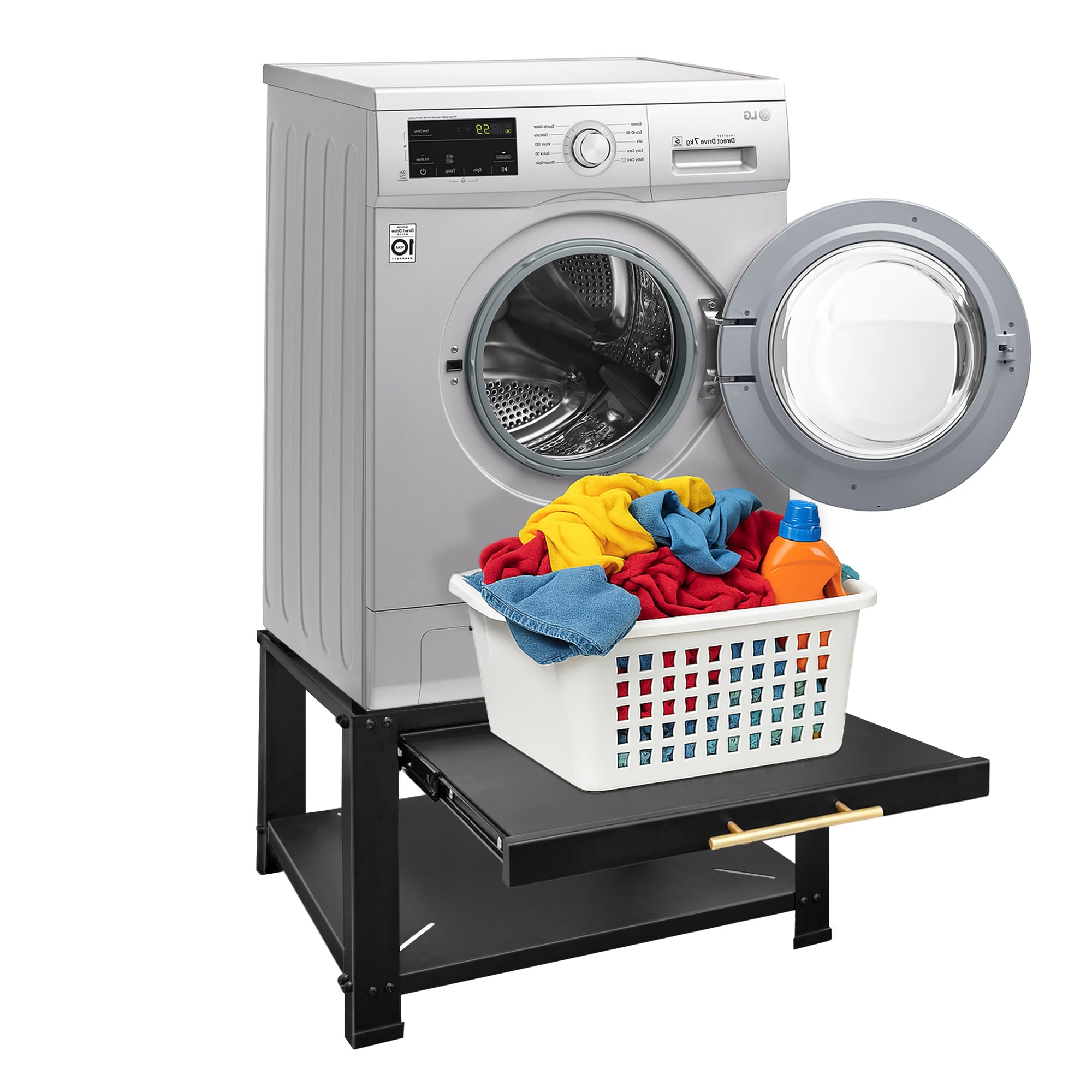 royxen washer and dryer pedestals with drawer,29" w x 29" d x 19.5" h metal heavy duty laundry pedestal, universal washing machine stand for basket shelf, 850lbs capacity,black