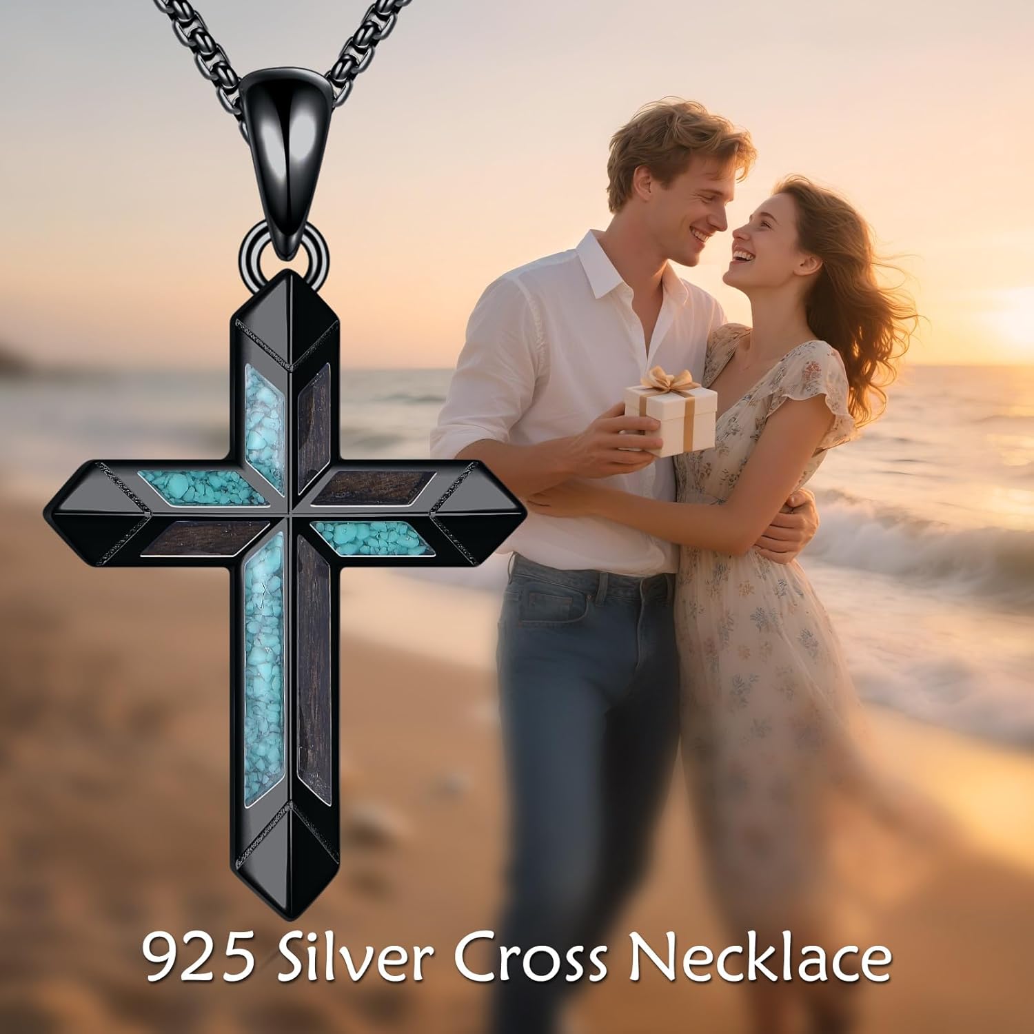 YFN Turquoise and Wood Cross Pendant Necklace, S925 Sterling Silver, Black Religious Jewelry for Men Women Chain 22+2" - Image 5