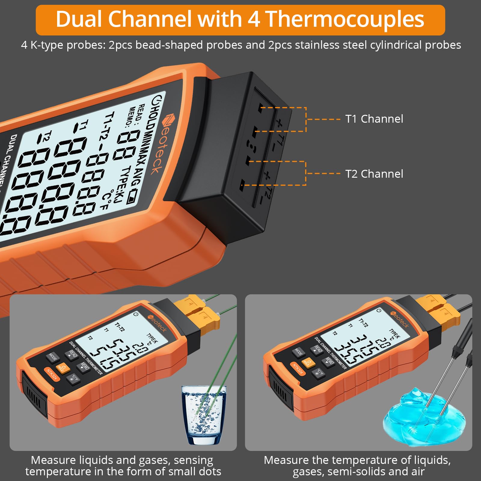 Neoteck Termómetro Termopar Tipo K/J 2 Canales con 4 Termopares °C/°F Almacenamiento 99 Datos HVAC Industrial