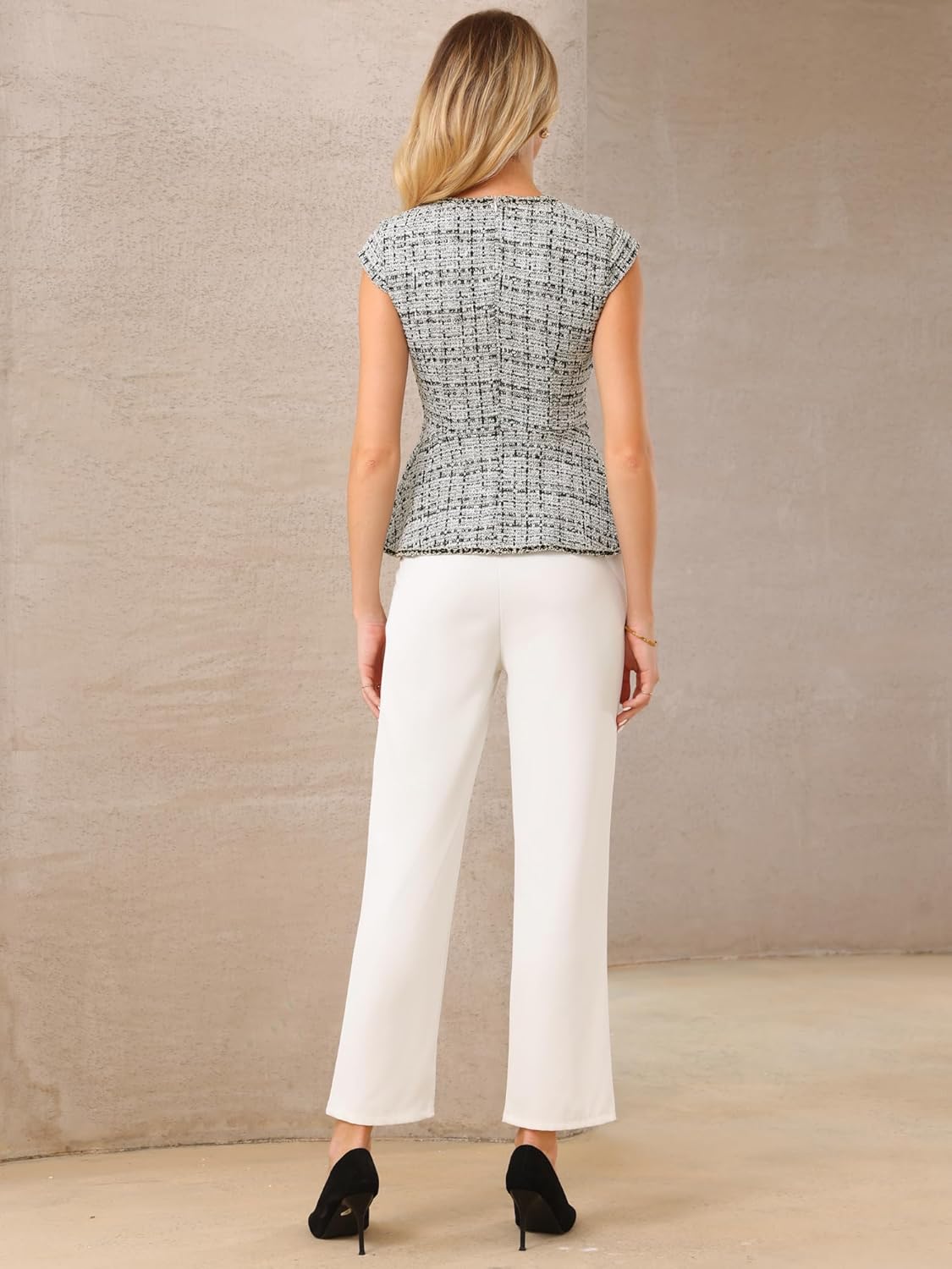 Women's Elegant Tweed Top Crew Neck Cap Sleeve Business Office Peplum Blouse Tops - Image 5